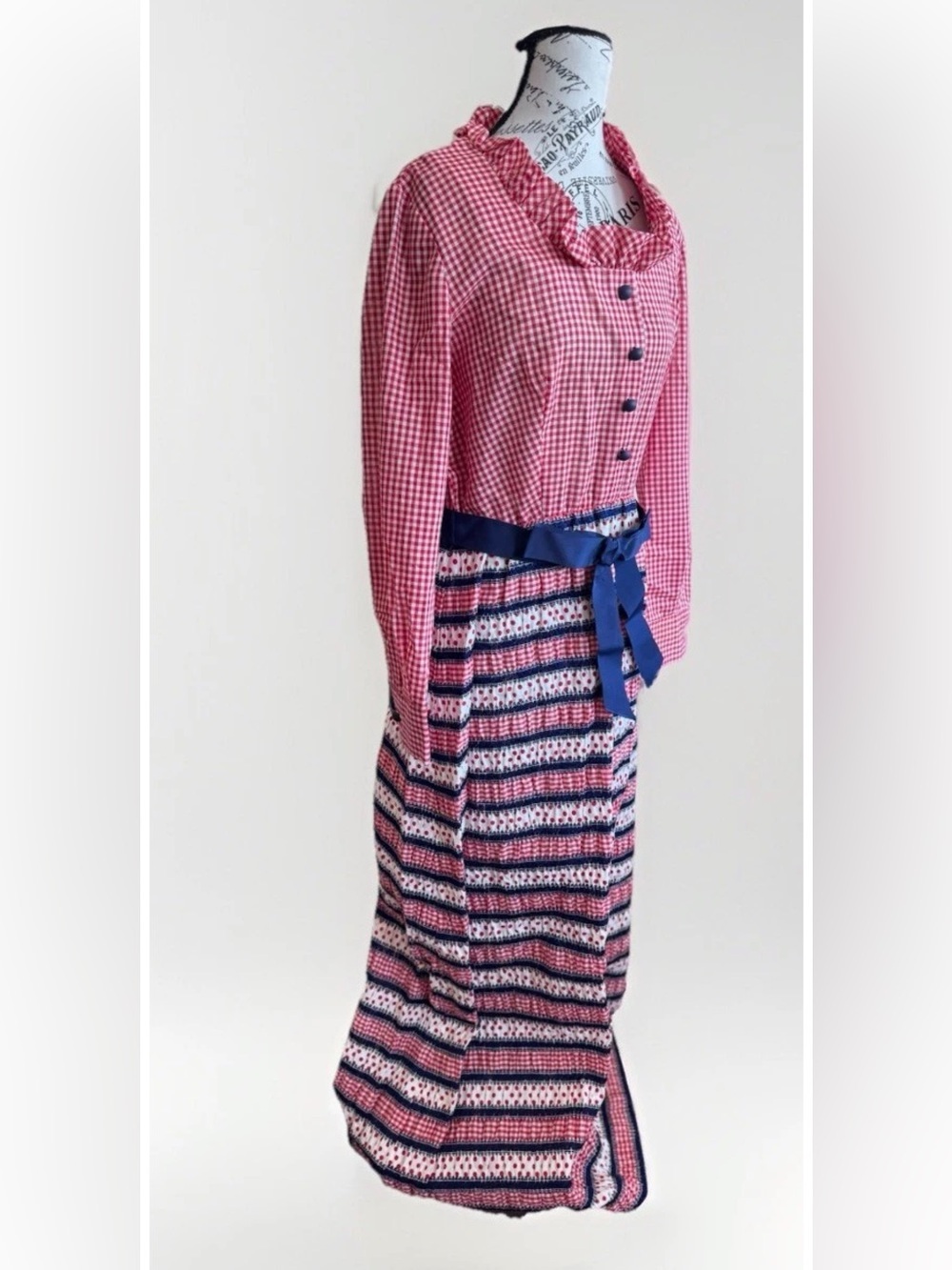 Vintage 70's Caron Gingham Checkered Ruffle Trim Belt Prairie Boho Cottage Dress